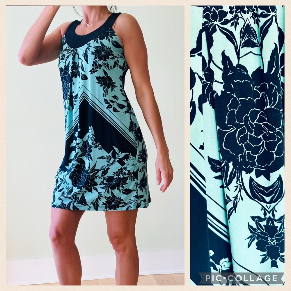 Enfocus Studio Turquoise and Navy Floral Midi Dress